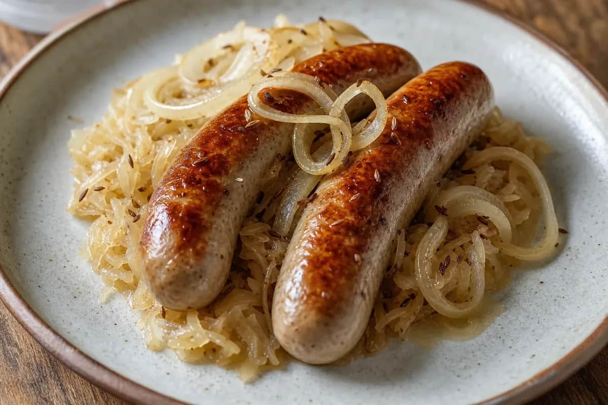 Grilled bratwurst on a plate with sauerkraut, mustard, and fresh herbs