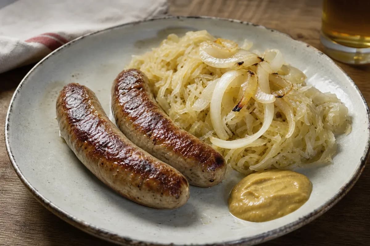 Grilled bratwurst on a plate with sauerkraut, mustard, and fresh herbs