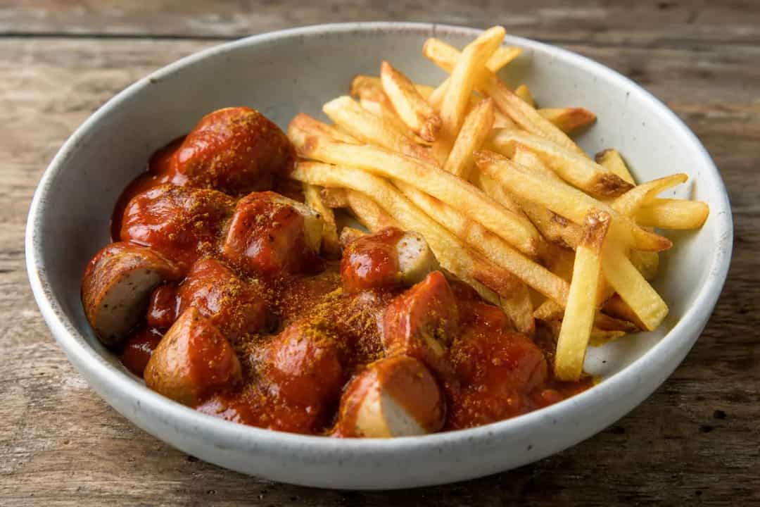 Plated German currywurst topped with curry ketchup, served with crispy fries.