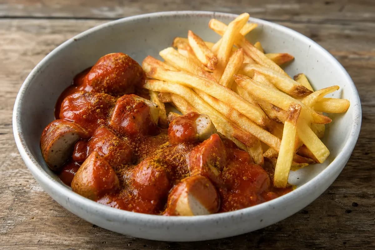 German Currywurst with Homemade Curry Ketchup and Fries