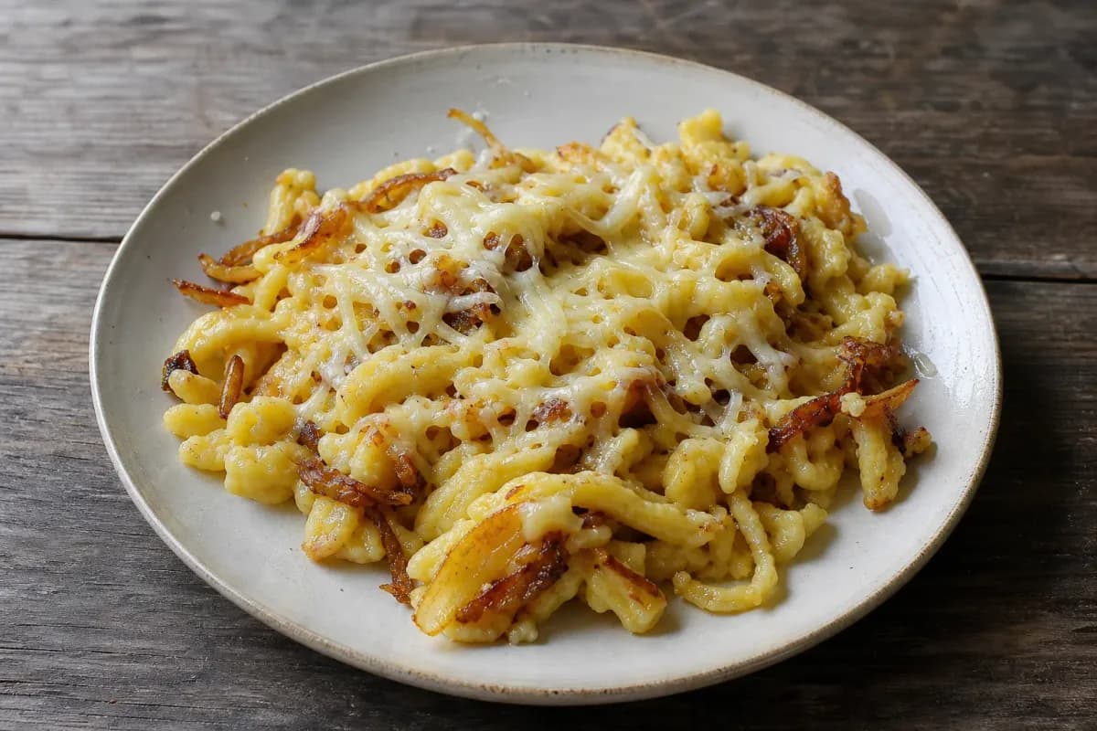 Creamy Käsespätzle layered with melted cheese and topped with golden caramelized onions