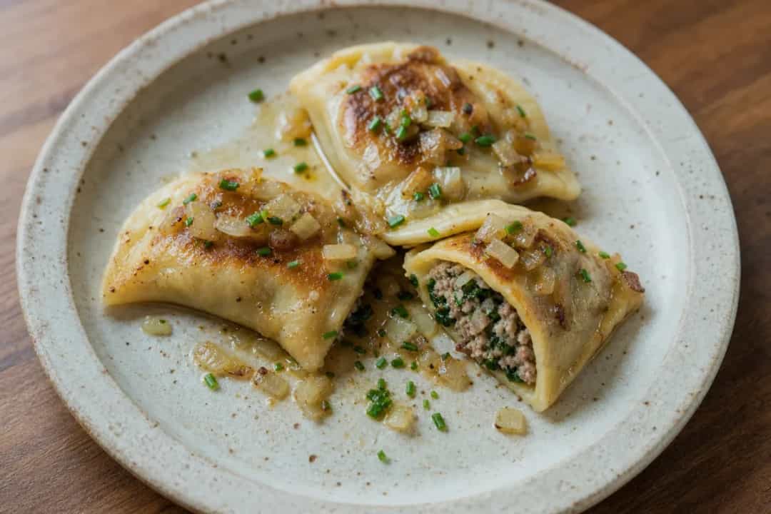 Plated German Maultaschen topped with brown butter and fresh herbs, golden and inviting.