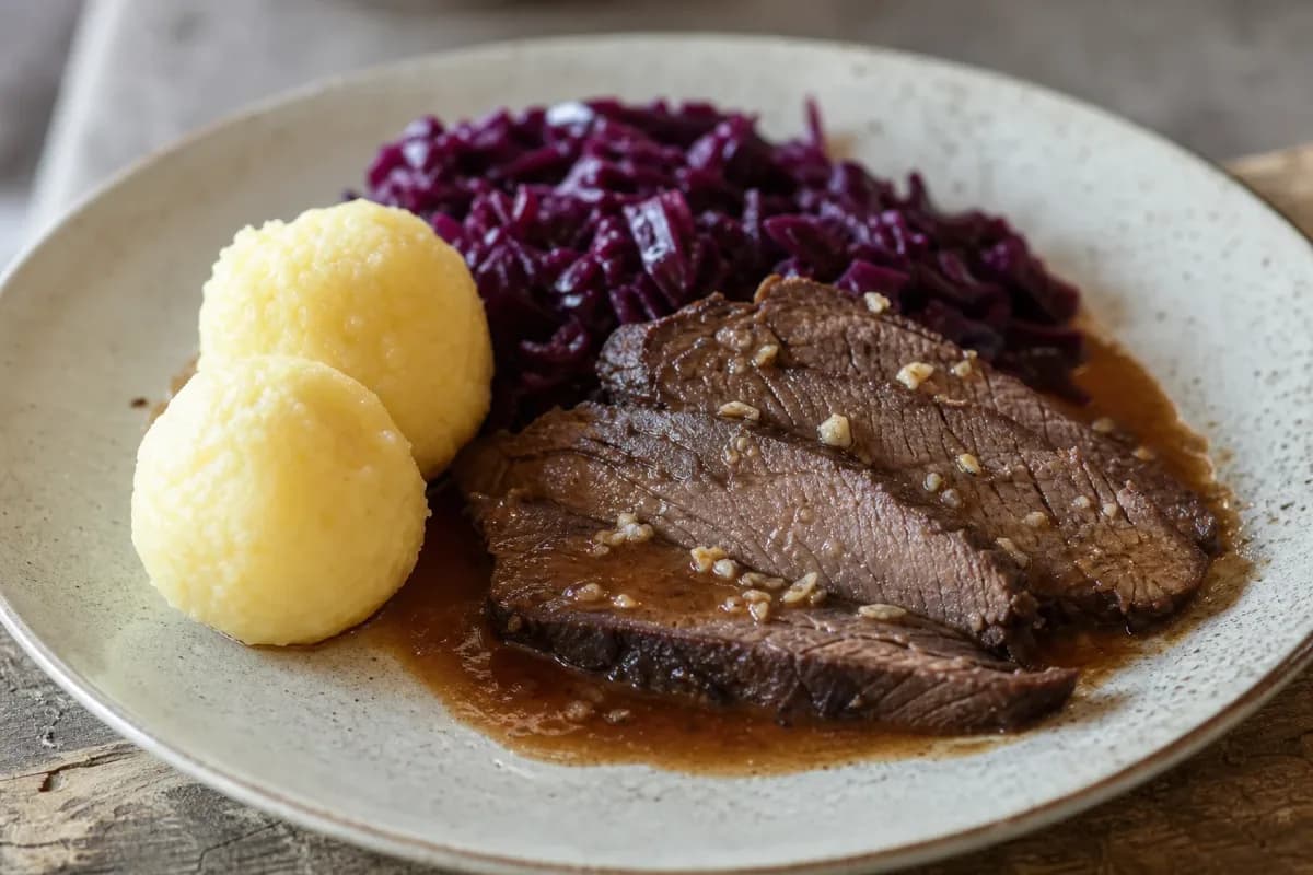Plated German Sauerbraten with tender meat, vibrant red cabbage, and fluffy potato dumplings garnished with herbs.