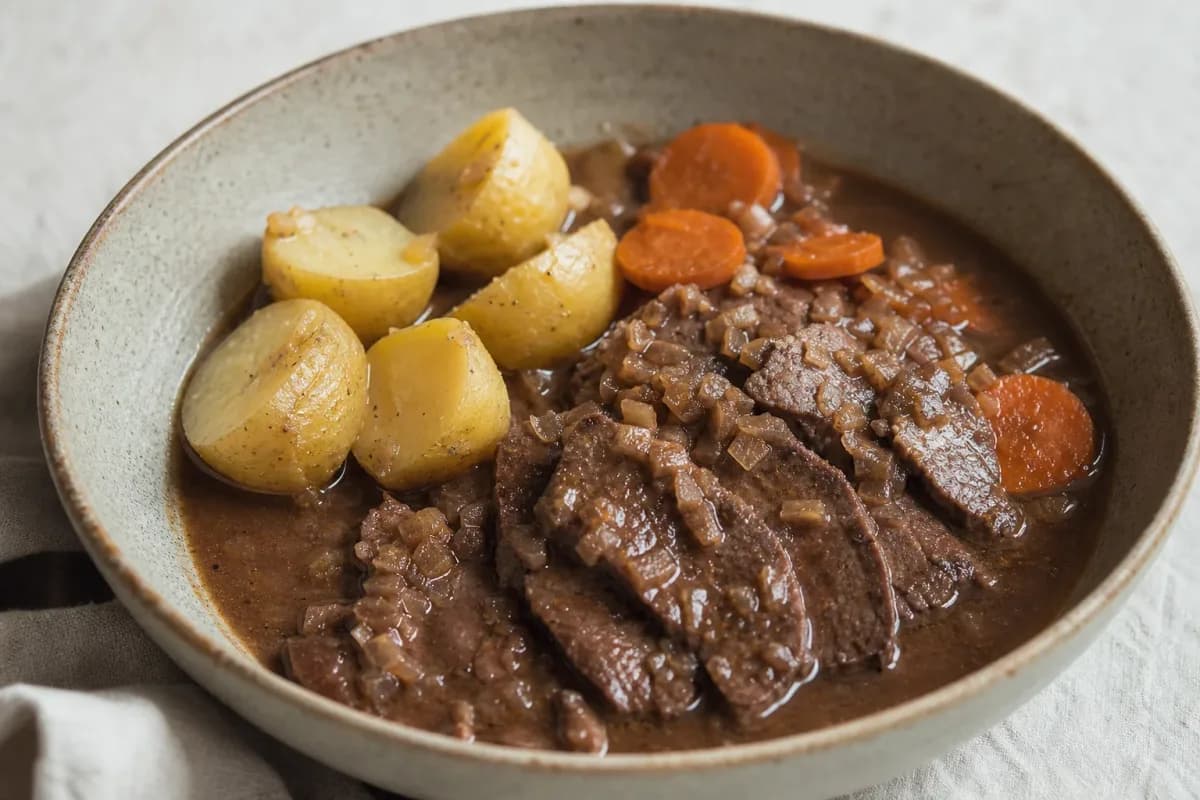 Tender Sauerbraten served with rich red wine gravy and boiled potatoes.
