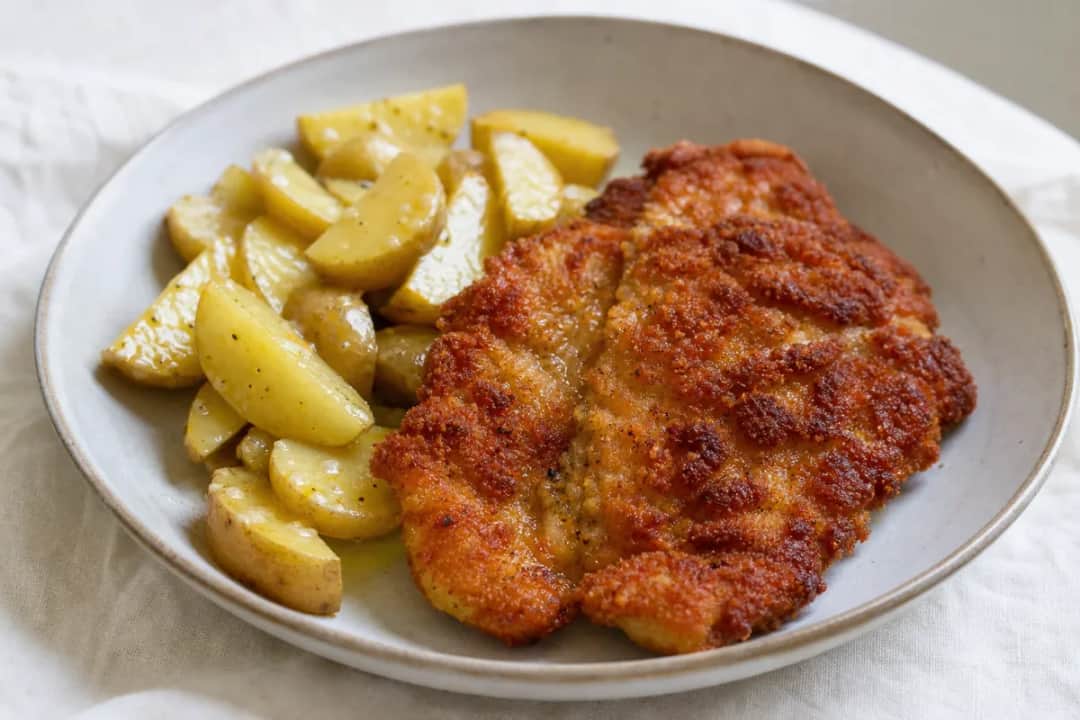 A plate of crispy schnitzel with a side of warm potato salad garnished with lemon slices and fresh herbs.