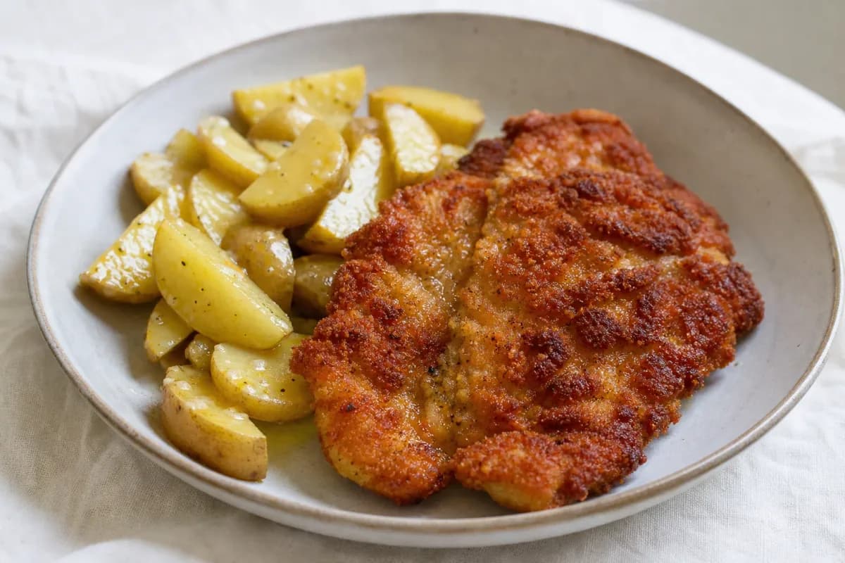 A plate of crispy schnitzel with a side of warm potato salad garnished with lemon slices and fresh herbs.