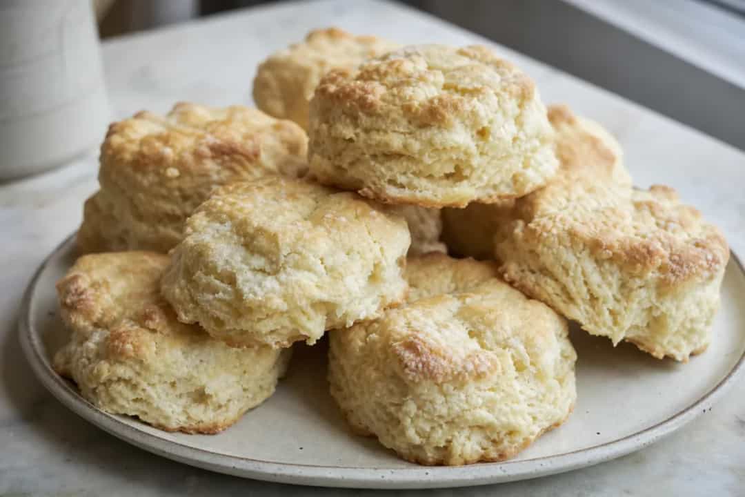 Flaky biscuits with golden crust, butter, and herbs on a rustic plate.