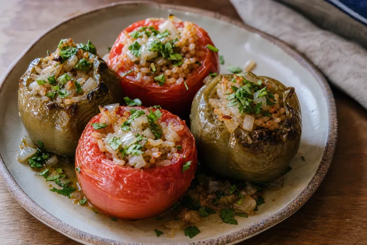 Plated Greek gemista showcasing stuffed tomatoes and peppers filled with rice and herbs, garnished with fresh parsley.