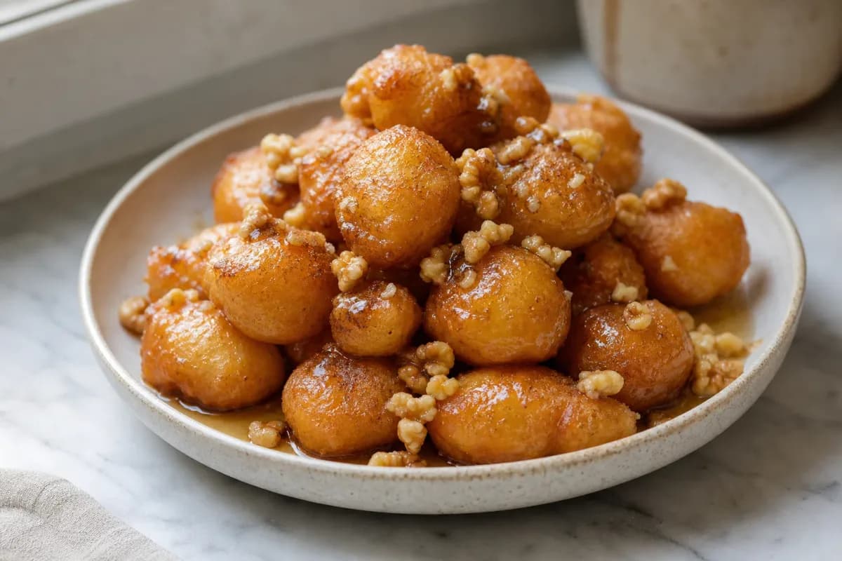 Greek Loukoumades with Honey, Cinnamon and Walnuts