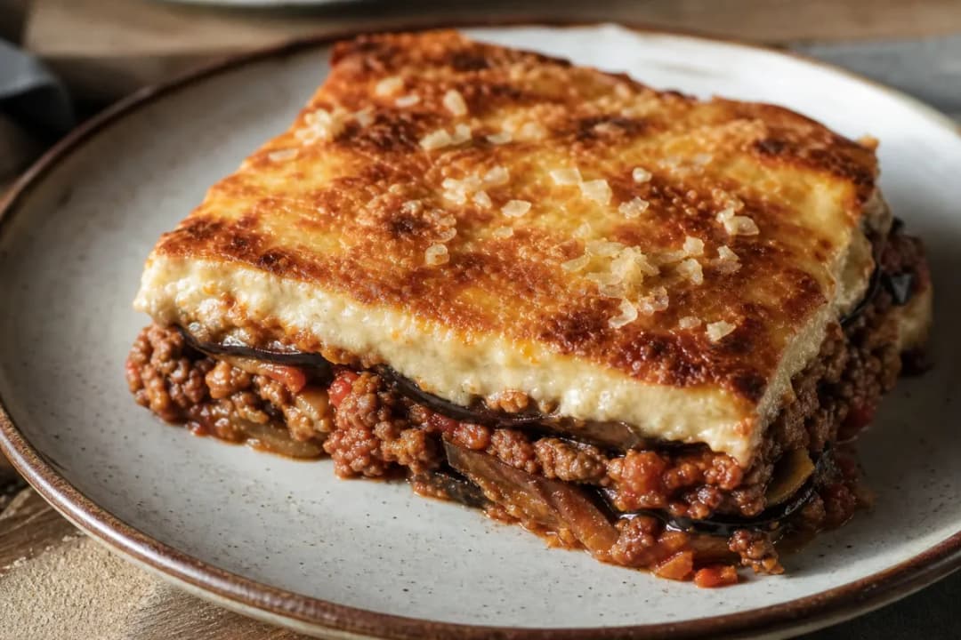 Layers of moussaka featuring golden-brown béchamel, tender eggplant, and seasoned beef, garnished with parsley.