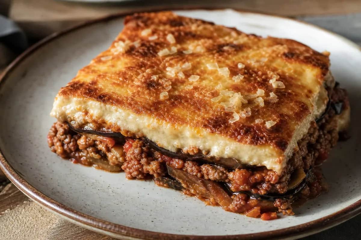 Layers of moussaka featuring golden-brown béchamel, tender eggplant, and seasoned beef, garnished with parsley.