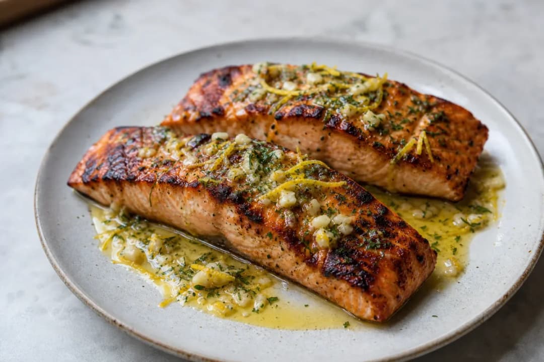 Grilled salmon fillet topped with fresh lemon and dill sauce, served on a white plate with vibrant herbs.