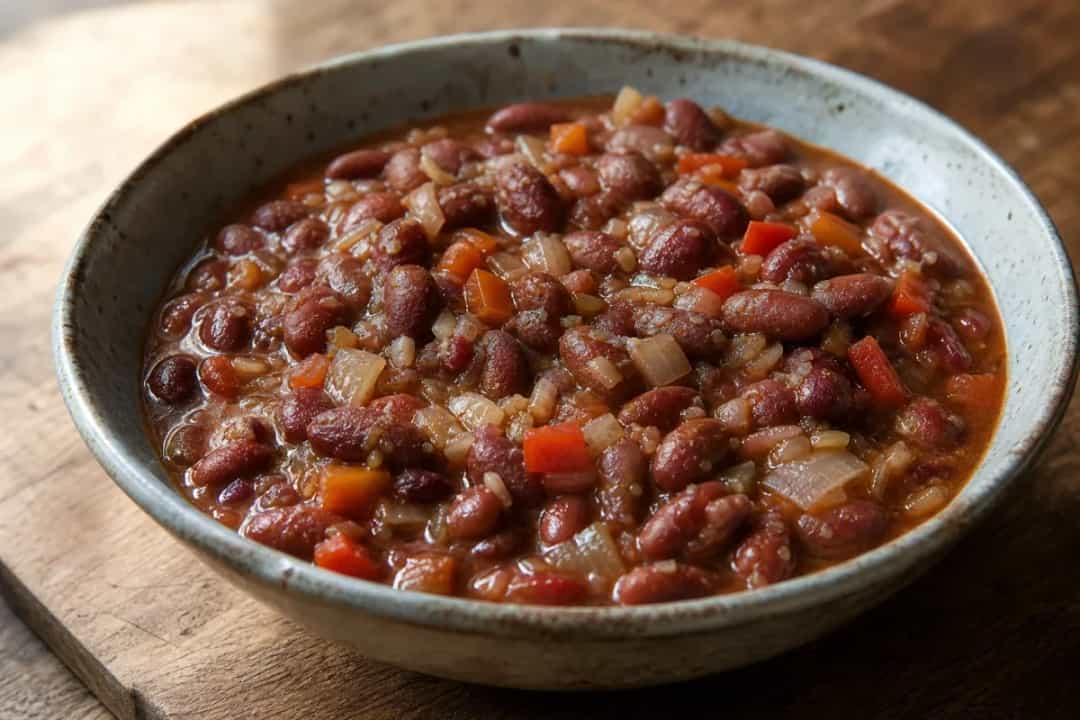 A bowl of Puerto Rican stewed beans with vibrant colors and spices, garnished with fresh cilantro.