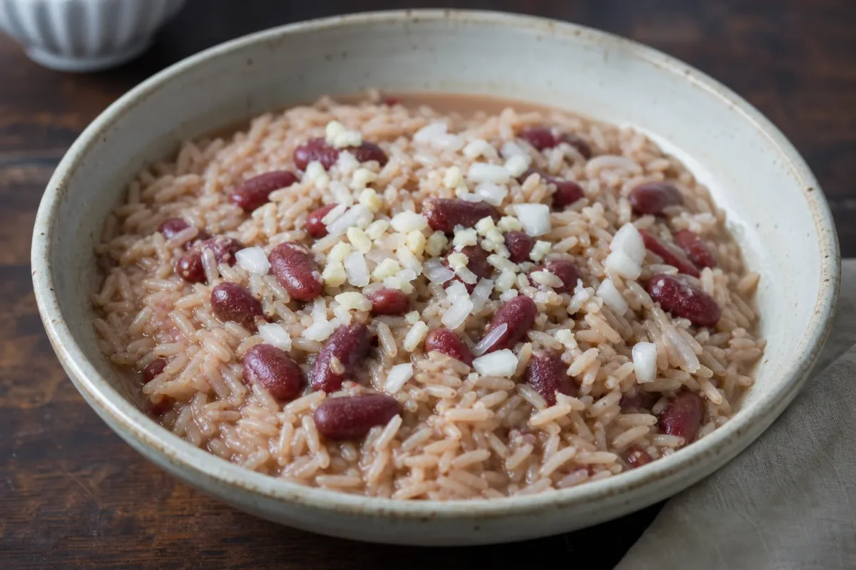 A vibrant plate of Haitian Diri Kole ak Pwa with fluffy rice, red beans, and fresh herbs garnishing the top.
