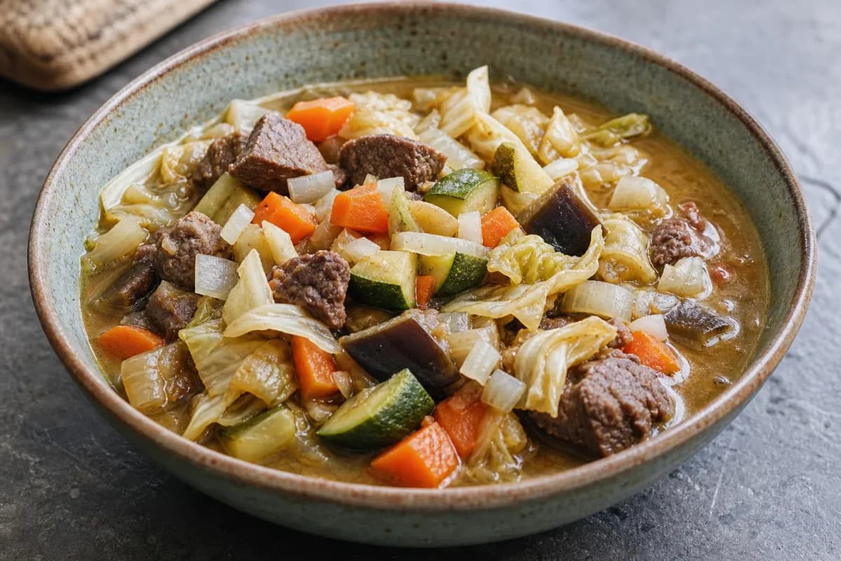 A vibrant bowl of Haitian Legim filled with colorful vegetables and tender meat, garnished with herbs.