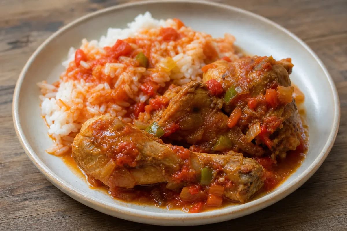 Tender chicken pieces in a rich tomato sauce served over fluffy white rice.