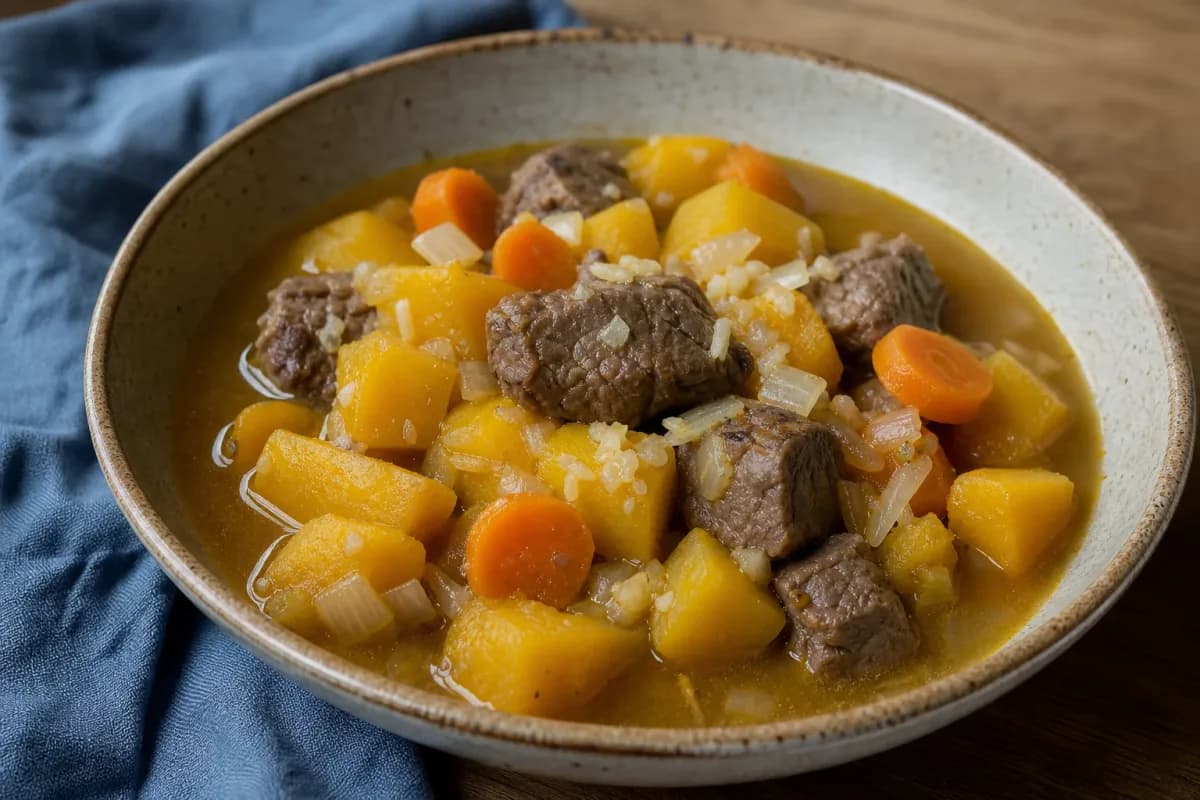 A bowl of Haitian Soup Joumou filled with beef, squash, and colorful vegetables, garnished with fresh herbs.