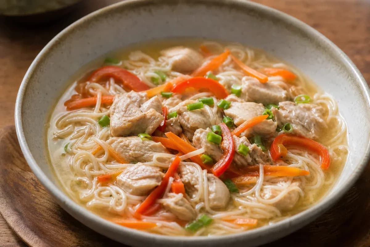 A bowl of Hawaiian Chicken Long Rice with tender chicken, vibrant vegetables, and clear noodles, garnished with green onions.