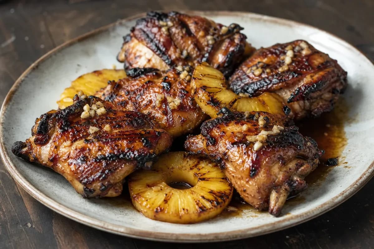 Grilled Huli Huli chicken served with pineapple slices and vibrant green herbs