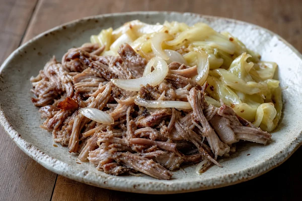 Plated Hawaiian Kalua pork with tender cabbage, garnished with green onions.