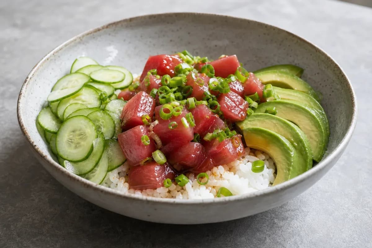 Colorful poke bowl featuring sliced ahi tuna, avocado, cucumber, and sesame seeds.