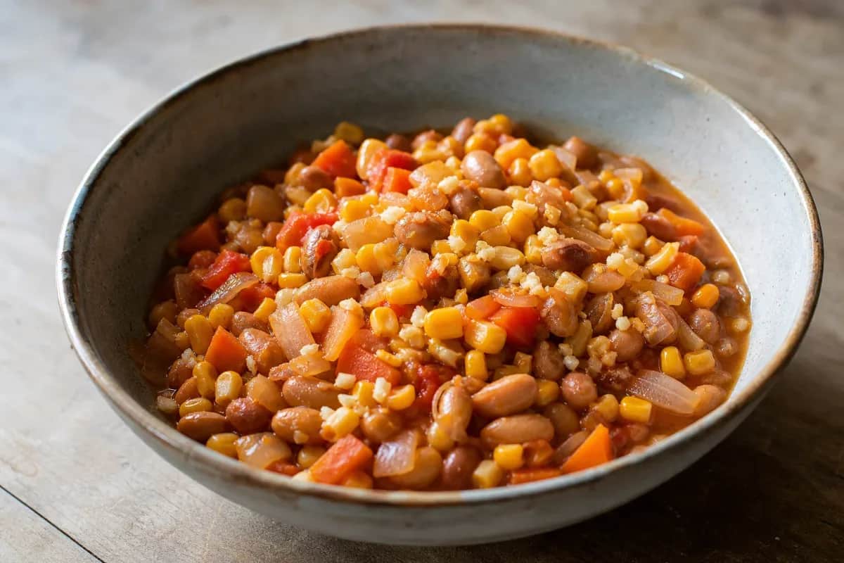 A colorful bowl of Githeri stew featuring corn, beans, and diced vegetables with a rustic presentation.