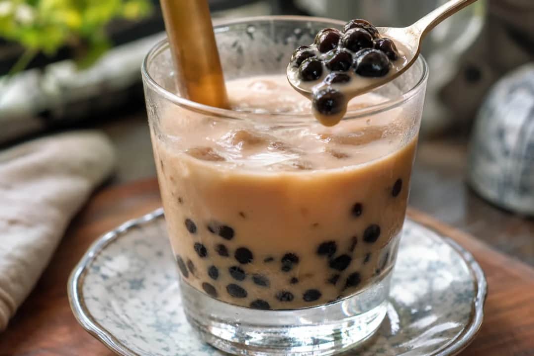 A glass of homemade boba milk tea topped with chewy tapioca pearls and a creamy layer of milk.
