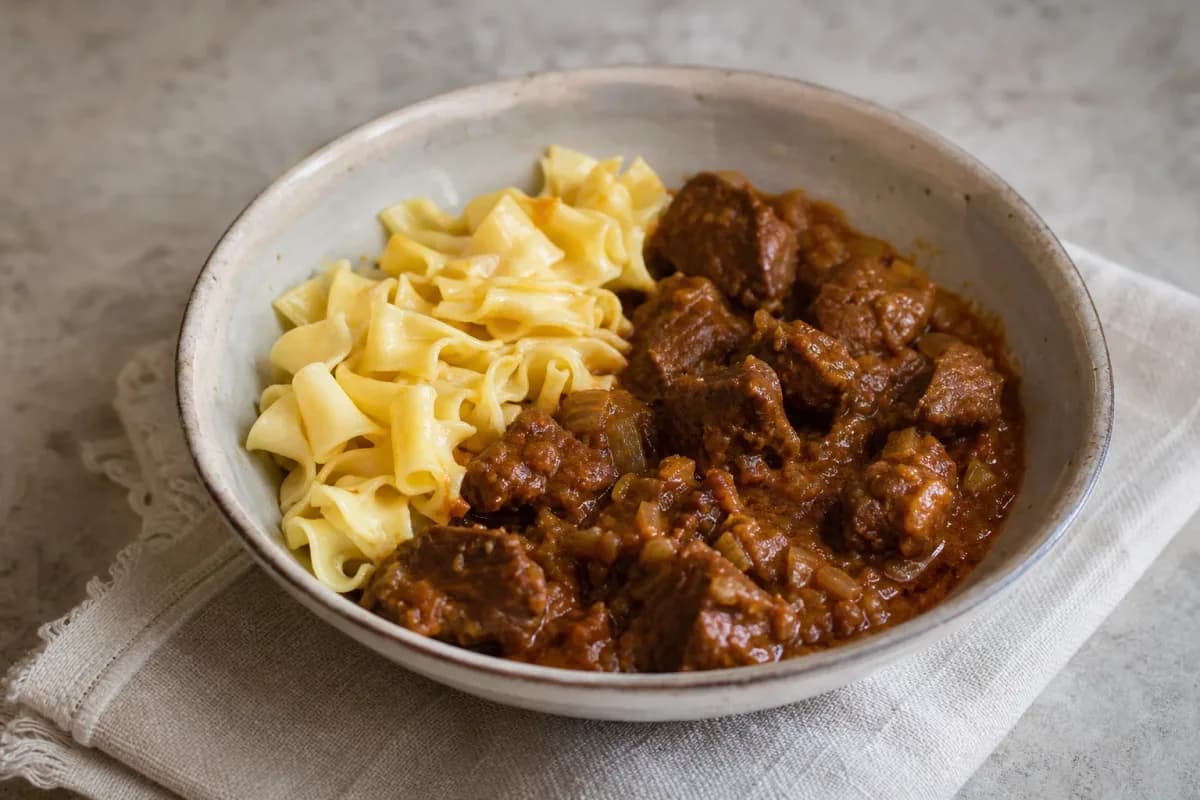 Rich beef pörkölt stew served over smooth egg noodles, garnished with fresh parsley.
