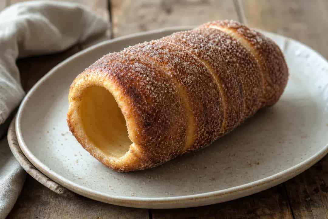 Golden brown chimney cake with a crispy crust, sprinkled with cinnamon sugar, served on a wooden board.