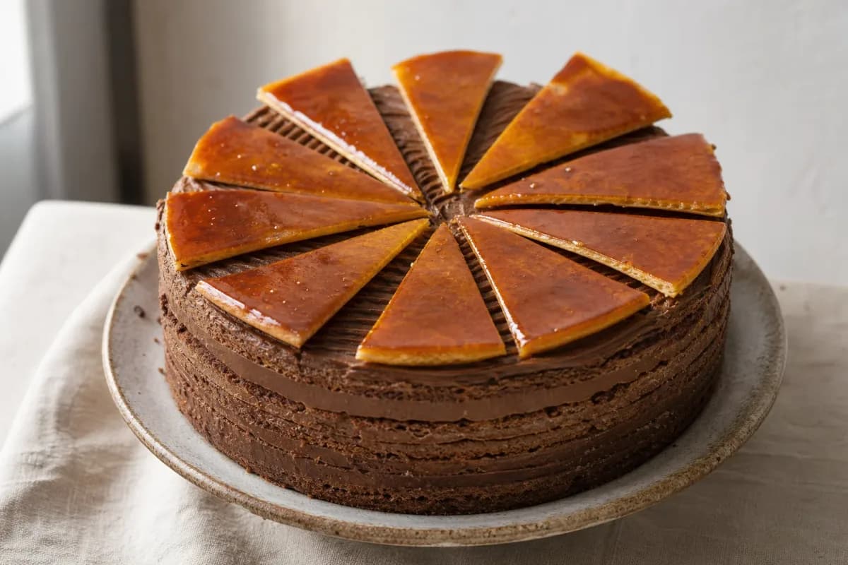 Hungarian Dobos Torte with Chocolate Buttercream Layers