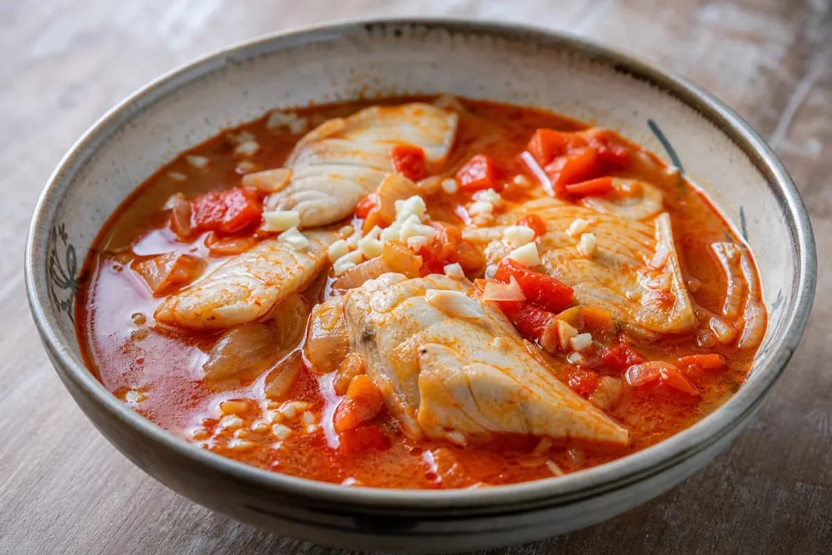 A bowl of Hungarian Halászlé soup with vibrant red broth, fresh fish pieces, and garnished with herbs.