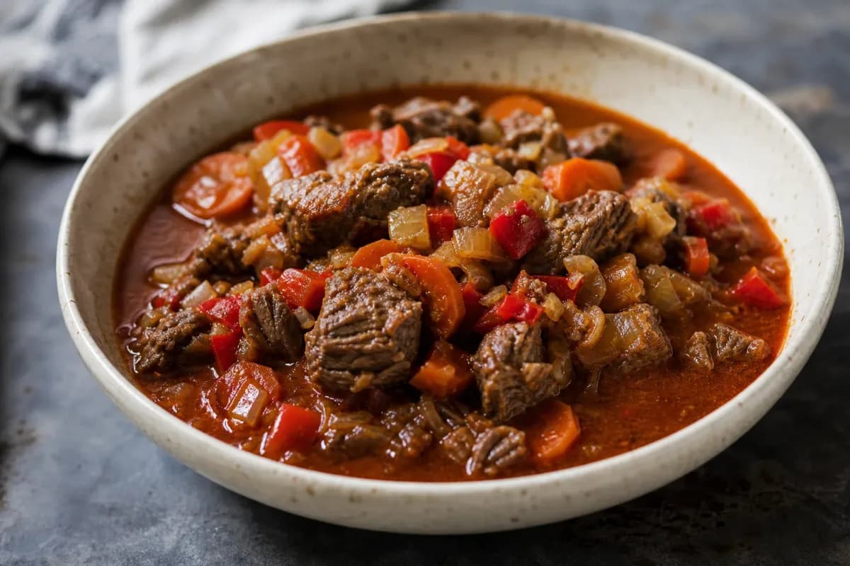 Plated Hungarian goulash featuring tender beef chunks, vibrant paprika sauce, and fresh herbs garnishing the dish.