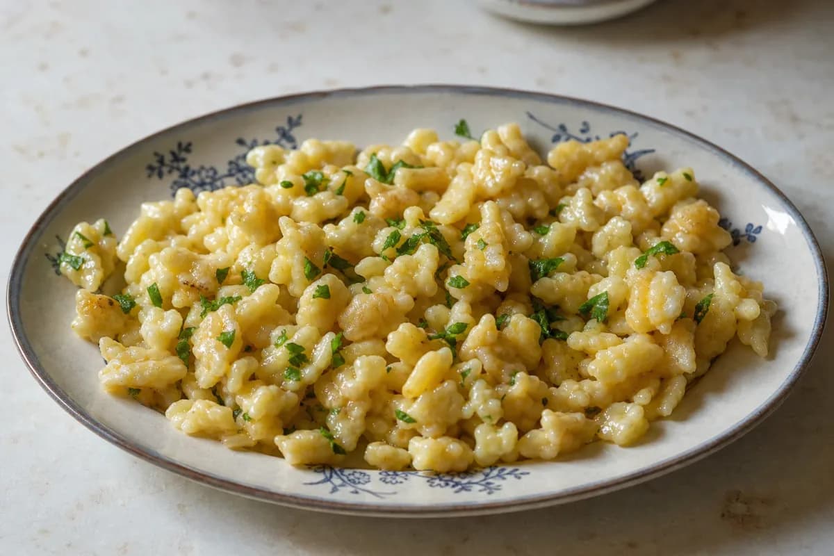 Plated Hungarian Nokedli with a soft, fluffy texture, garnished with fresh herbs.