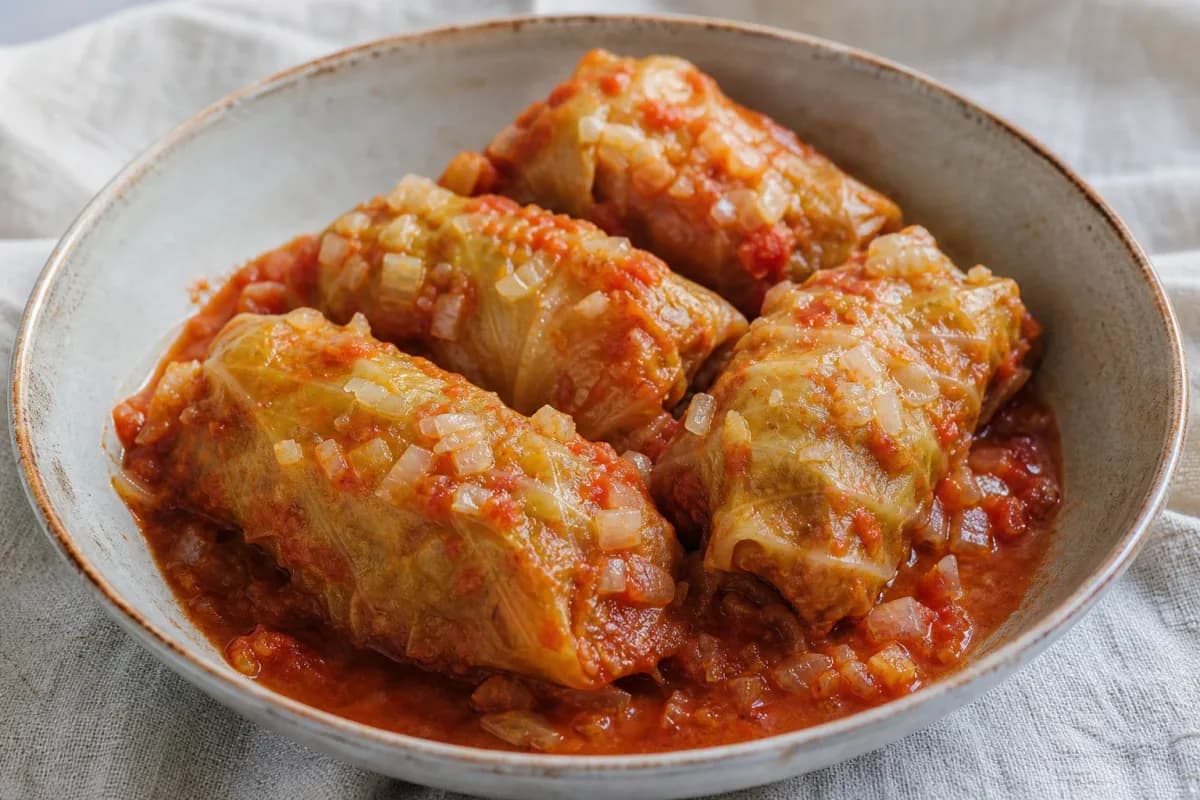 Plated Hungarian stuffed cabbage rolls with rich tomato sauce and herbs.