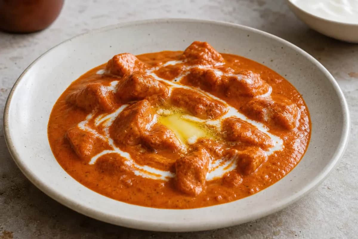 Plate of Indian Butter Chicken garnished with cilantro, served with naan and rice, showcasing rich creamy sauce and tender chicken pieces.