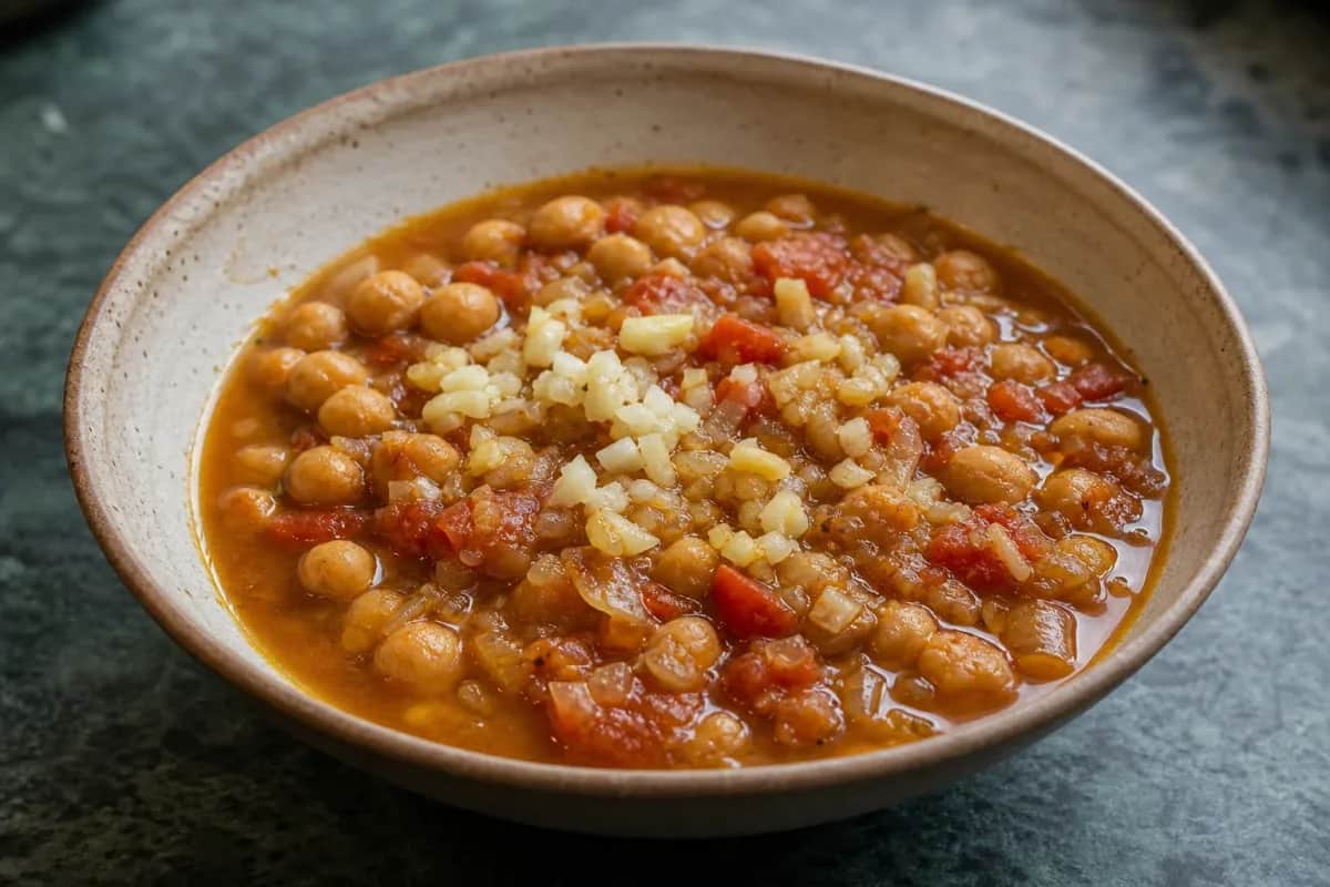 A vibrant bowl of chana masala garnished with cilantro, showcasing chickpeas and tomatoes in a rich, spicy sauce.