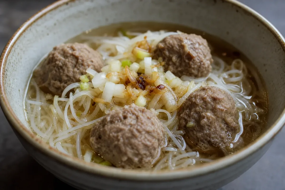 Indonesian Beef Bakso Soup with Noodles and Fresh Herbs