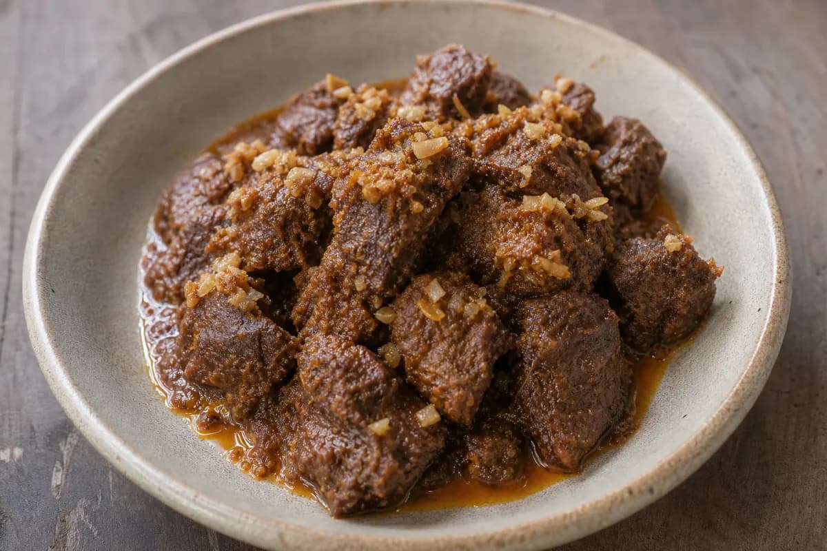 Tender beef rendang in rich coconut sauce garnished with herbs, served on a plate.