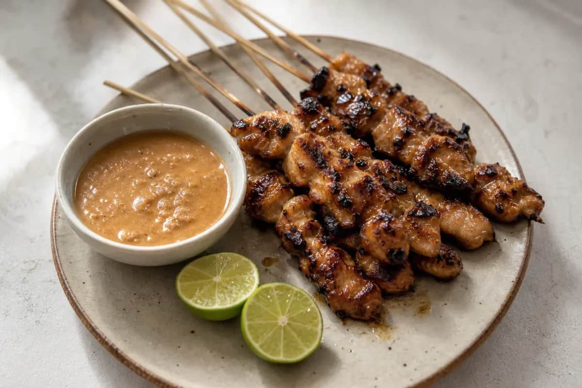 Grilled chicken satay skewers with a creamy peanut sauce, garnished with cucumber and herbs.