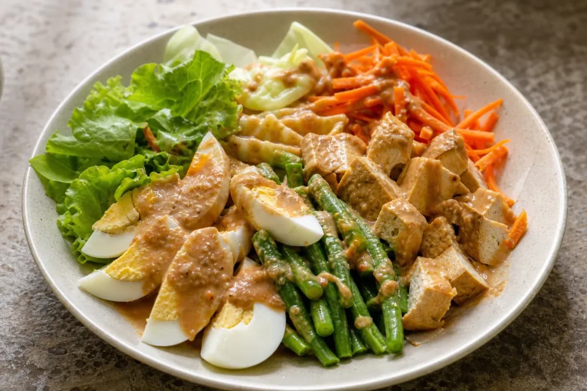 Colorful Gado-Gado salad with fresh vegetables, tofu, and peanut dressing drizzled on top.