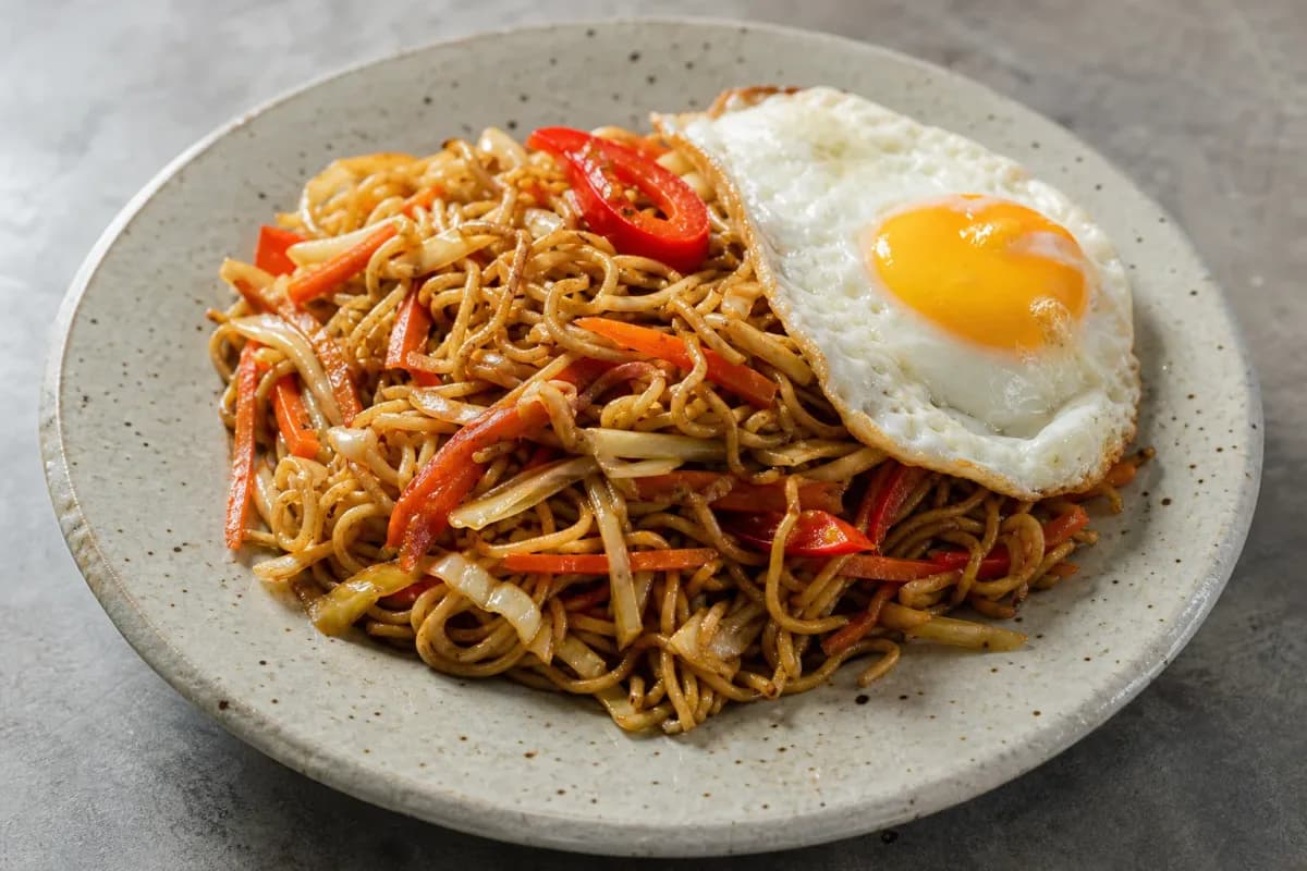 A vibrant plate of Indonesian Mie Goreng with colorful vegetables and a perfectly fried egg on top.