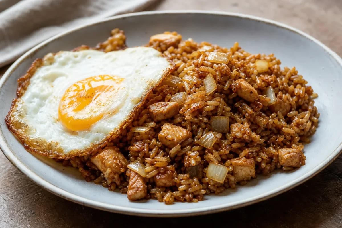 Colorful plate of Indonesian Nasi Goreng with chicken, fried egg, and green onions garnished.