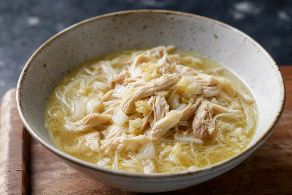 Bowl of Soto Ayam with chicken pieces, vermicelli noodles, and herbs garnished on top.