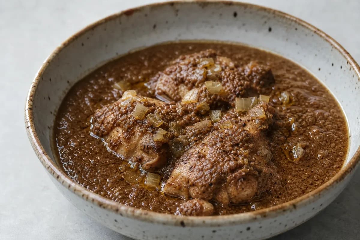 A rich, dark stew of chicken and walnuts garnished with pomegranate seeds, served in a bowl.