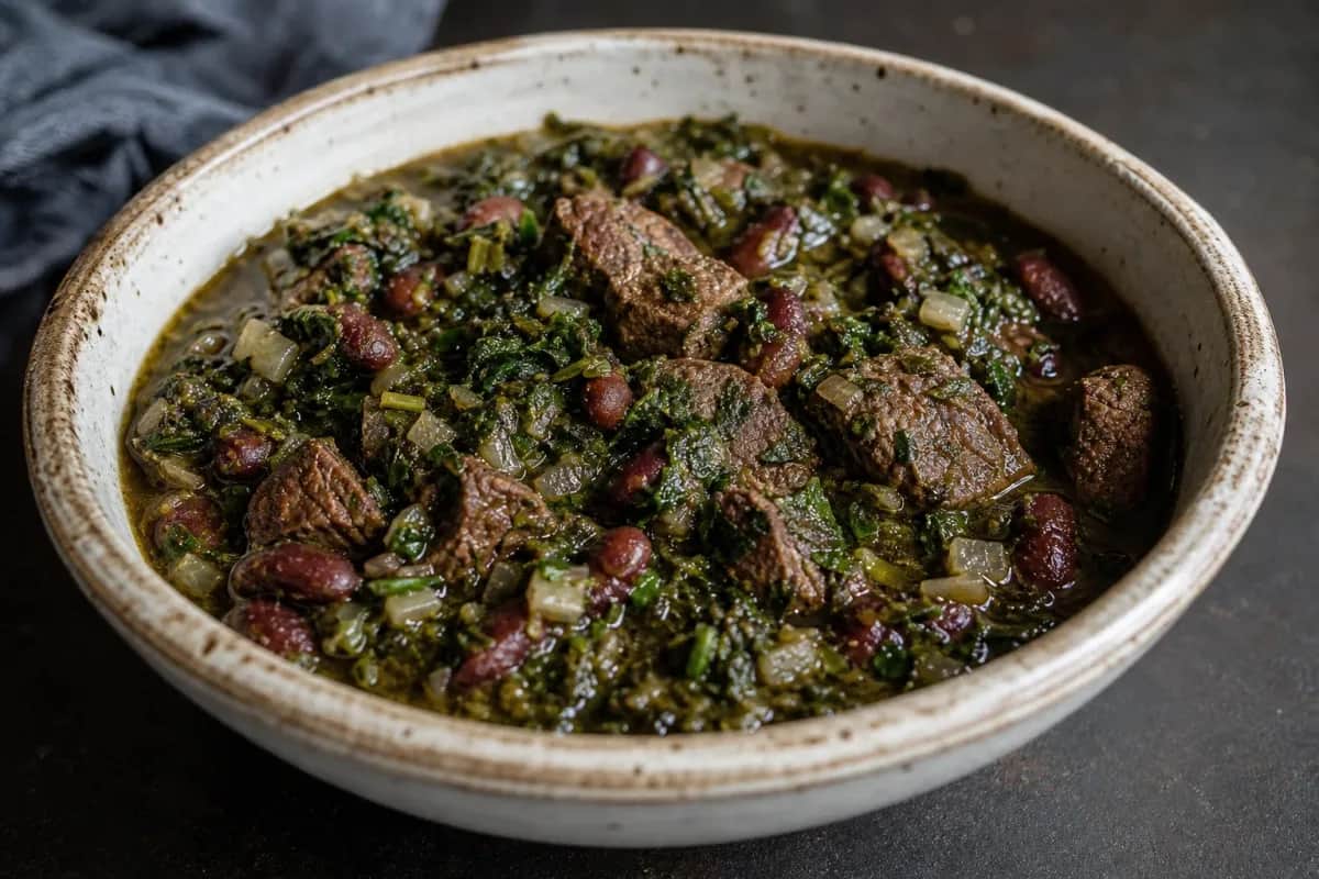 A hearty bowl of Ghormeh Sabzi with tender beef, kidney beans, and vibrant herbs garnished with a slice of lime.