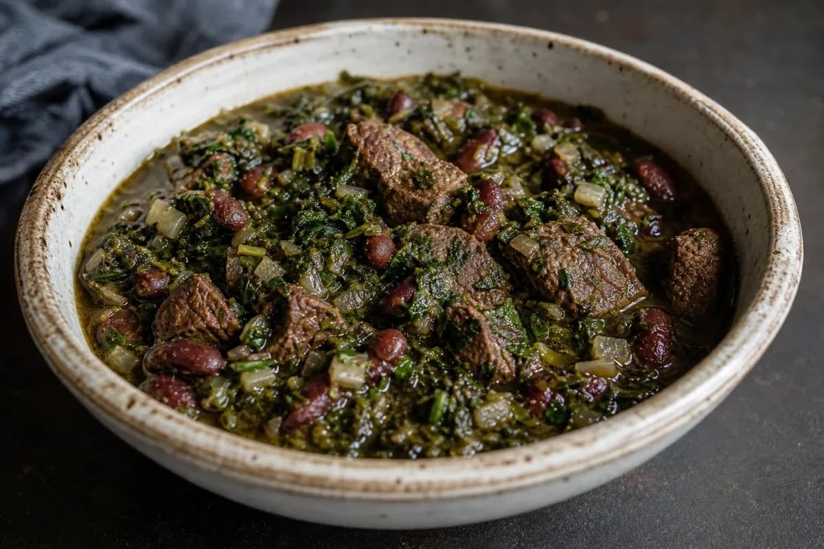 A hearty bowl of Ghormeh Sabzi with tender beef, kidney beans, and vibrant herbs garnished with a slice of lime.