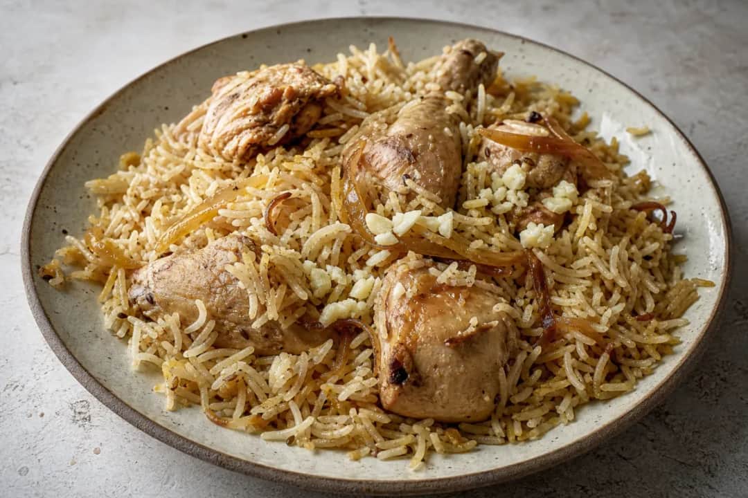 A vibrant plate of Iraqi biryani featuring tender chicken, colorful spices, and fluffy rice garnished with herbs.