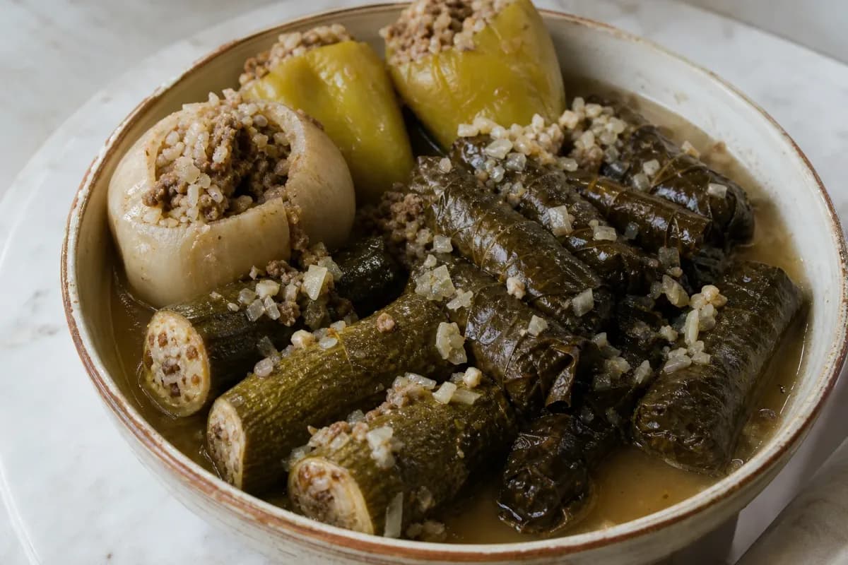 Plated Iraqi Dolma showcasing stuffed grape leaves and colorful vegetables garnished with herbs.