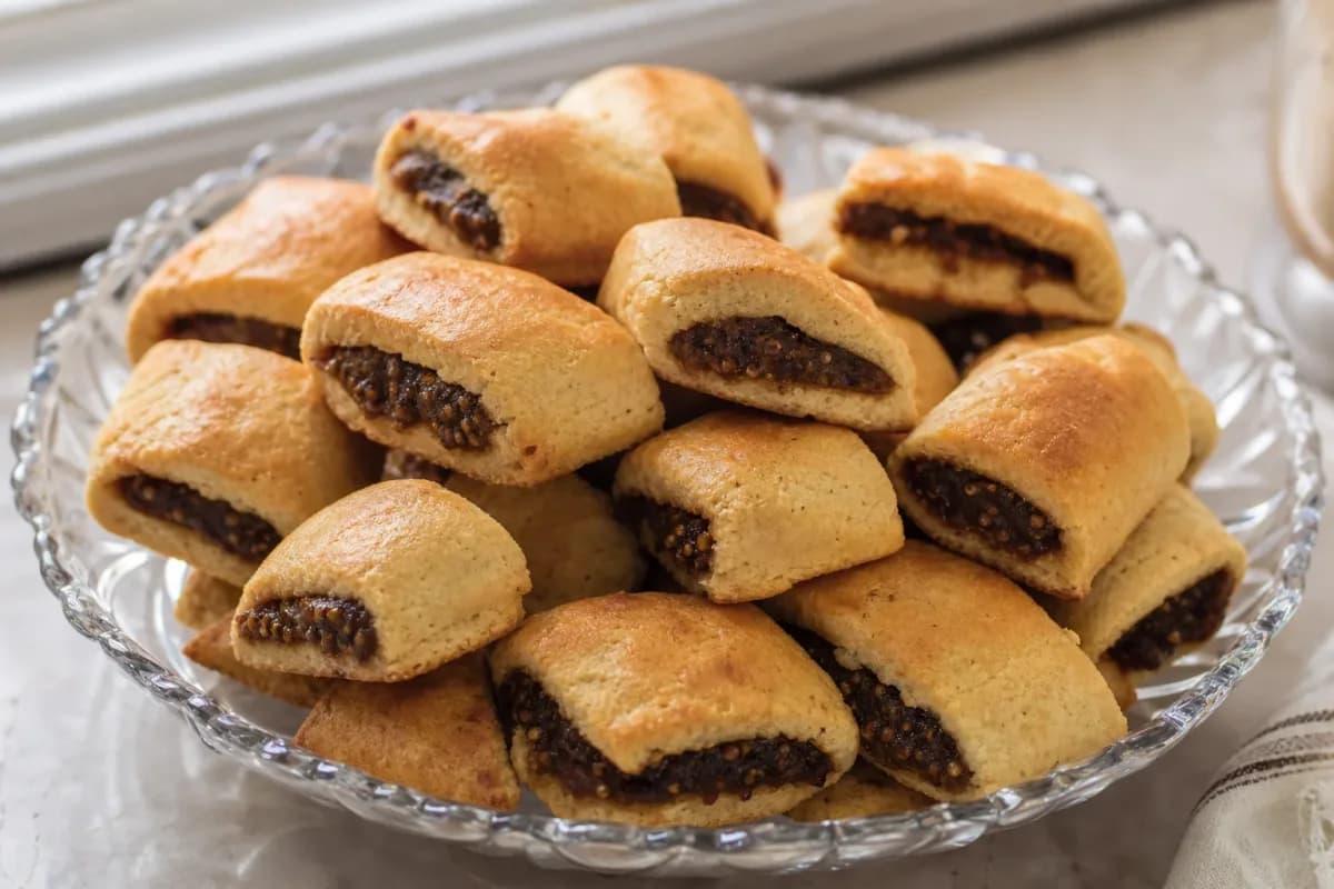 Golden brown Iraqi kleicha cookies filled with sweet date paste, beautifully arranged on a plate.