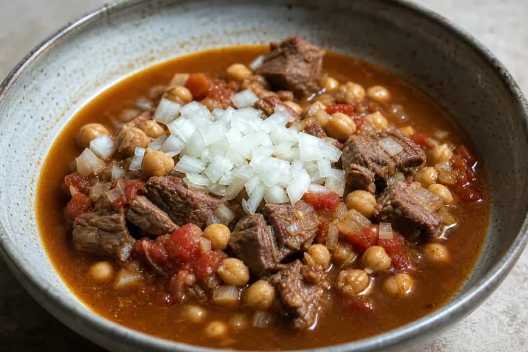 A hearty bowl of Iraqi Tashreeb with tender lamb, chickpeas, and bread soaked in broth, garnished with herbs.